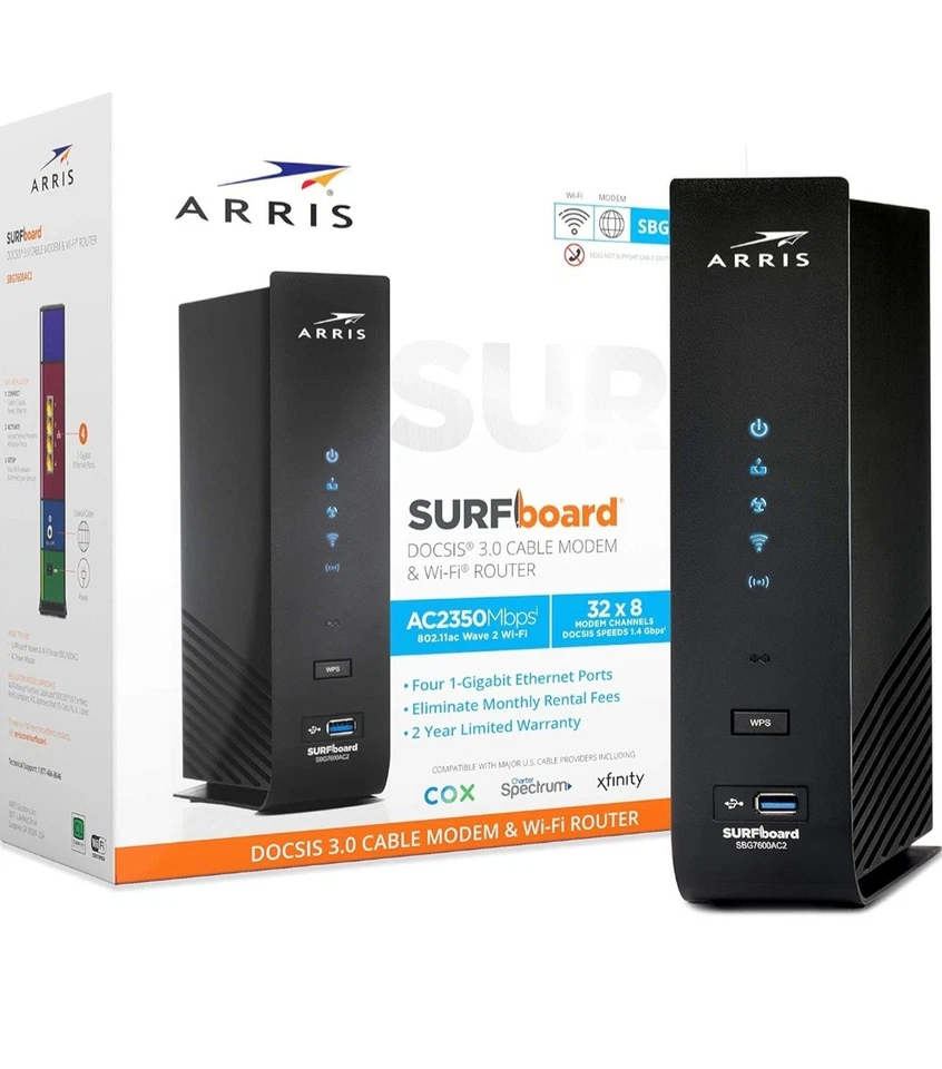 arris (sbg7600ac2) cable modem router combo docsis 3.0 & ac2350 wifi, for... arris (sbg7600ac2) cable modem router combo docsis 3.0 & ac2350 wifi, for...