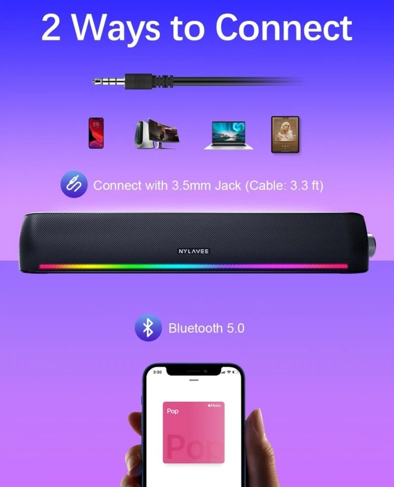 computer speakers, hi fi sound quality computer sound bar, bluetooth 5.0 & 3.5mm computer speakers, hi fi sound quality computer sound bar, bluetooth 5.0 & 3.5mm